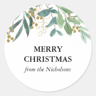 Eucalyptus Gold Berries Watercolor Christmas Classic Round Sticker