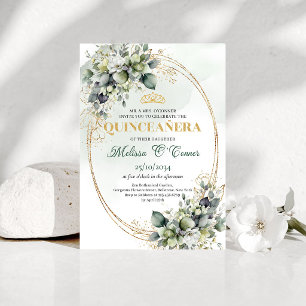 Eucalyptus Gold Boho Quinceañera Watercolor Invite