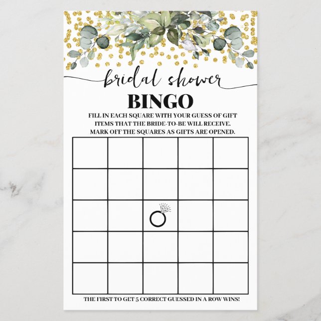 Eucalyptus Gold Bridal Shower Bingo Game Card (Front)