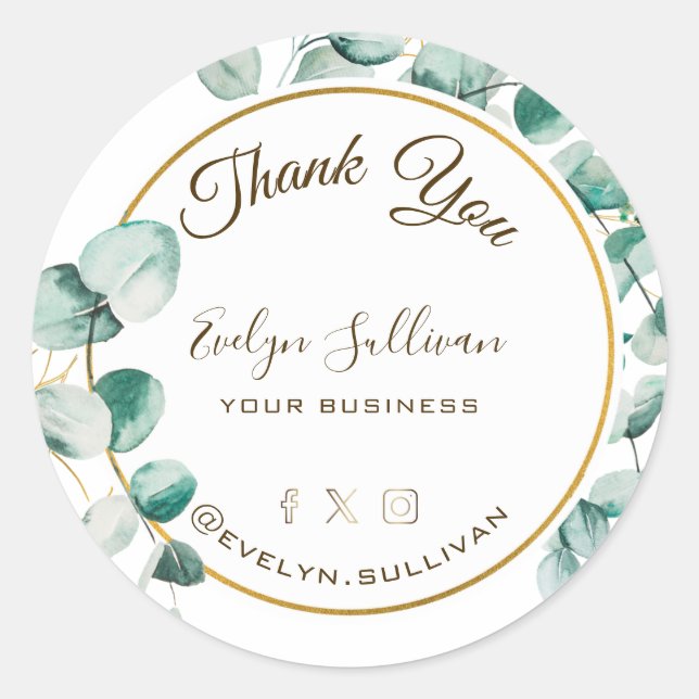 Eucalyptus Gold Circle Thank you Classic Round Sticker (Front)