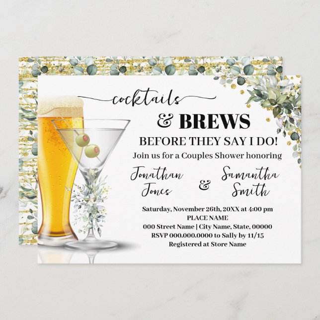 Eucalyptus Gold Cocktails & Brews Couples Shower Invitation (Front/Back)