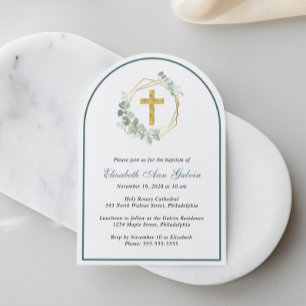 Eucalyptus Gold Cross Photo Arch Baptism Invitation