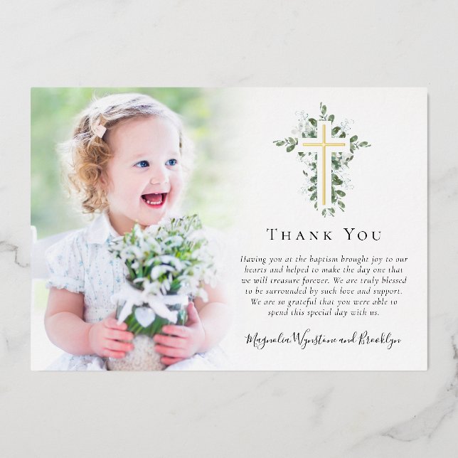 Eucalyptus Gold Cross Photo Baptism Thank You Card (Front)
