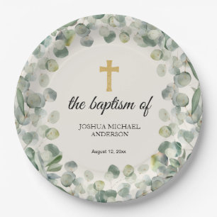 Eucalyptus Gold Cross Religious Baptism Paper Plate