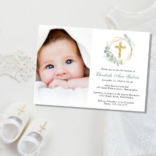 Eucalyptus Gold Cross Script Photo Baptism Invitation