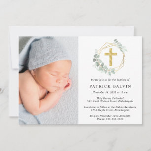 Eucalyptus Gold Cross Watercolor Photo Baptism Invitation