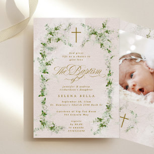 Eucalyptus Gold Cross Wreath Girl Baptism Photo Invitation