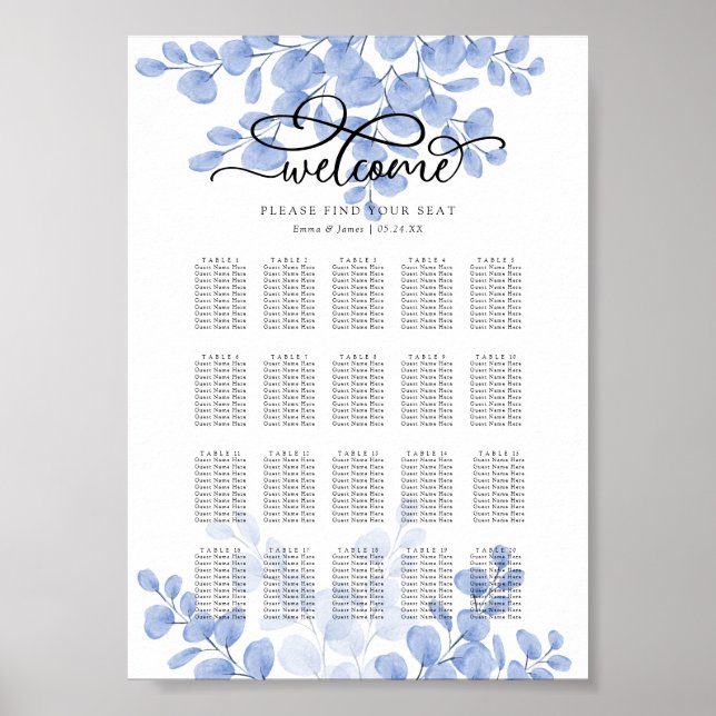 Eucalyptus Gold Dusty Blue Wedding Seating Chart (Front)