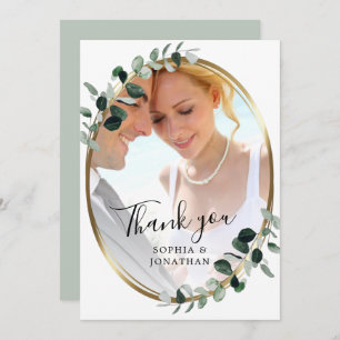 Eucalyptus Gold Elegant Script Photo Wedding Thank Thank You Card