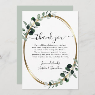 Eucalyptus Gold Elegant Script White Sage Wedding Thank You Card