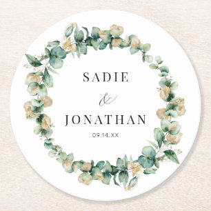 Eucalyptus Gold Elegant Wreath Wedding Round Paper Coaster
