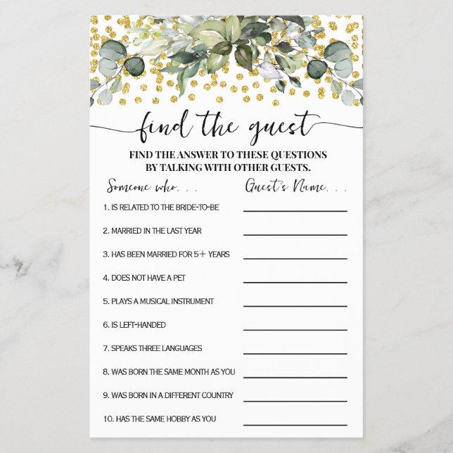 Eucalyptus Gold Find the Guest Shower Game Card (Front)