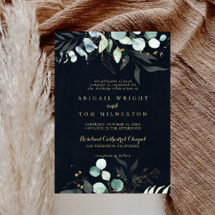 Eucalyptus Gold Floral Blue Traditional Wedding  Invitation