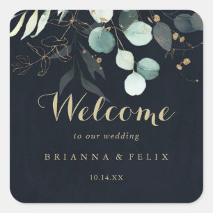 Eucalyptus Gold Floral Blue Wedding Welcome  Square Sticker