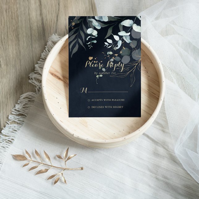 Eucalyptus Gold Floral Calligraphy Blue RSVP Card (Creator Uploaded)