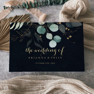 Eucalyptus Gold Floral Calligraphy Blue Wedding  Guest Book