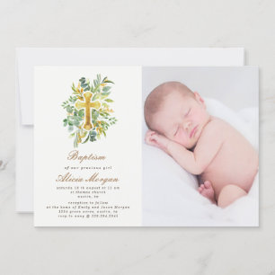 eucalyptus gold floral cross baptism photo invitation