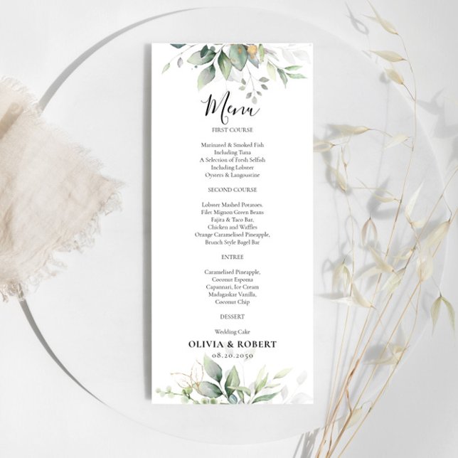 Eucalyptus Gold Floral Greenery Wedding Menu (Creator Uploaded)