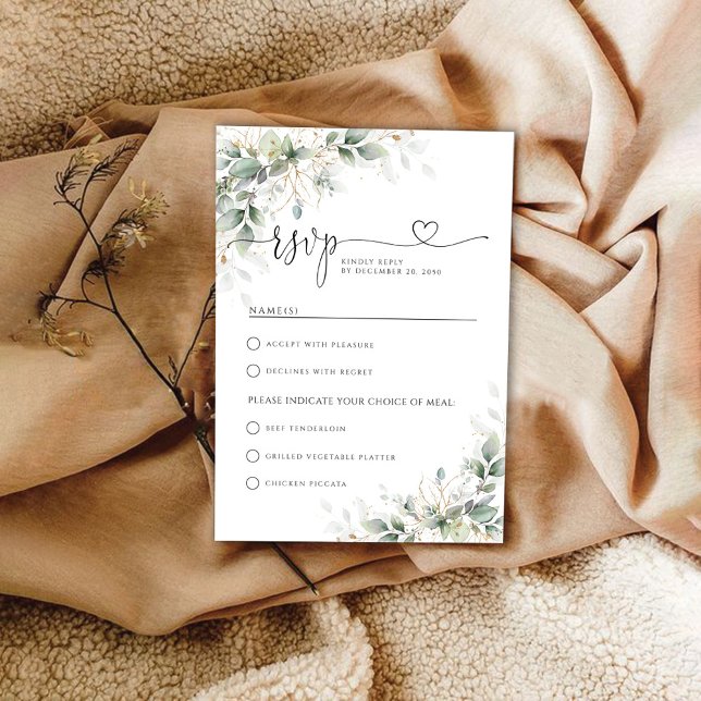 Eucalyptus Gold Floral Greenery Wedding RSVP Card (Creator Uploaded)