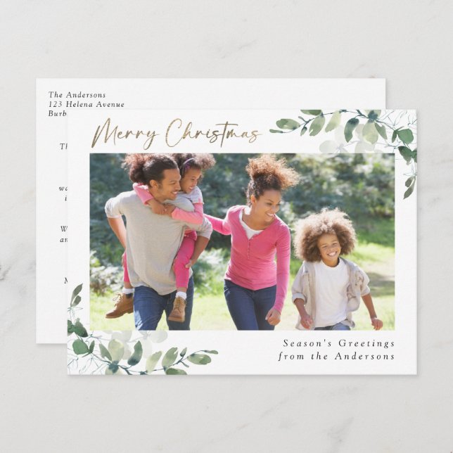 Eucalyptus Gold Foil Merry Christmas Photo Holiday Postcard (Front/Back)
