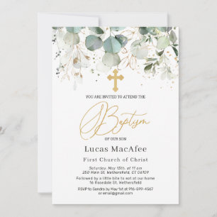 Eucalyptus Gold Foliage Cross Baptism  Invitation