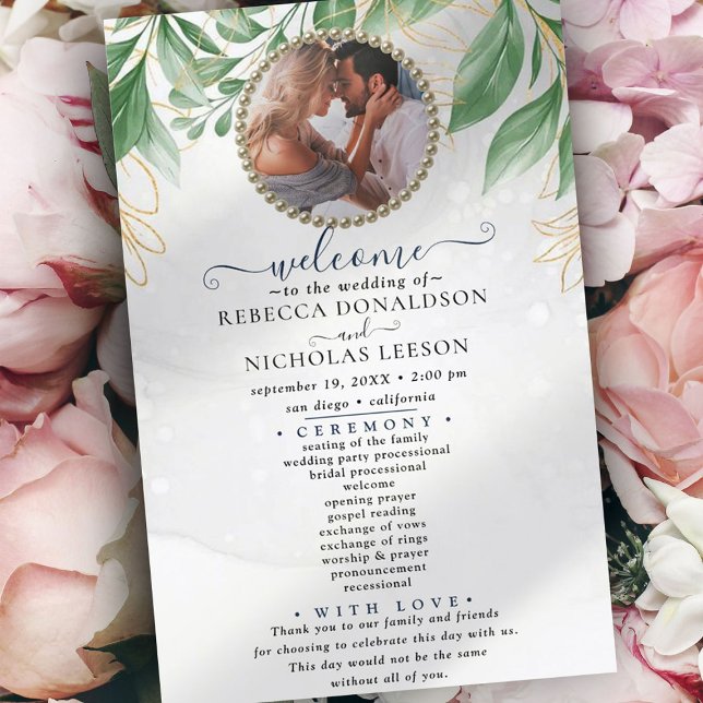Eucalyptus Gold Foliage Photo Wedding Program (Creator Uploaded)