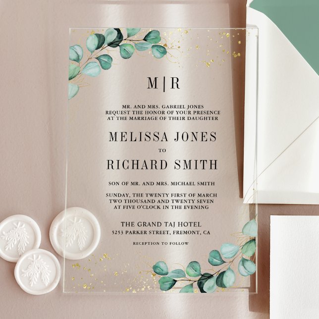 Eucalyptus Gold Formal Monogram Wedding Acrylic Invitations (Creator Uploaded)