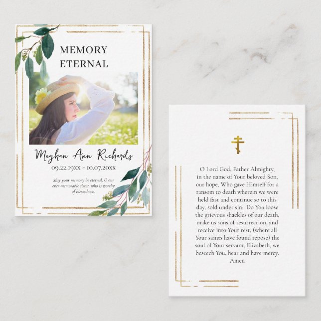 Eucalyptus Gold Frame Orthodox Funeral Prayer Card (Front/Back)