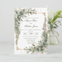 Eucalyptus Gold Frame Wedding Invitation