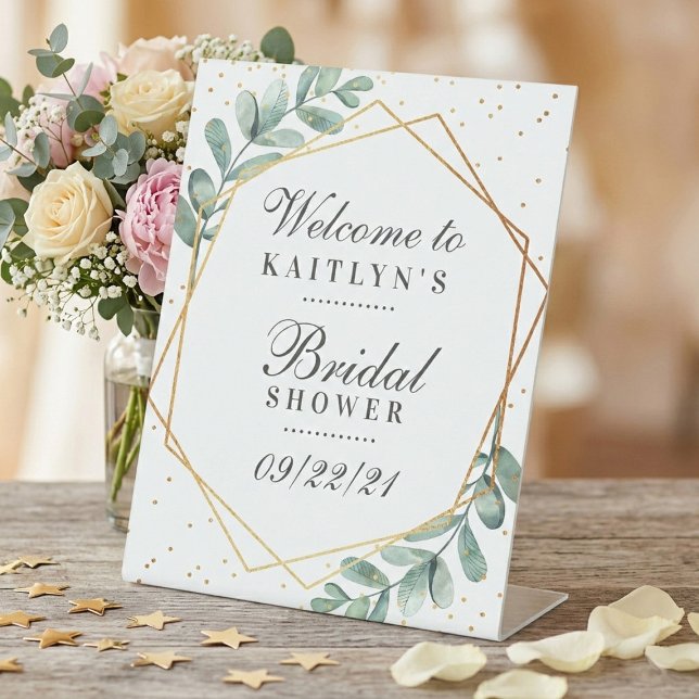 Eucalyptus Gold Geometric Bridal Shower Pedestal Sign (Creator Uploaded)