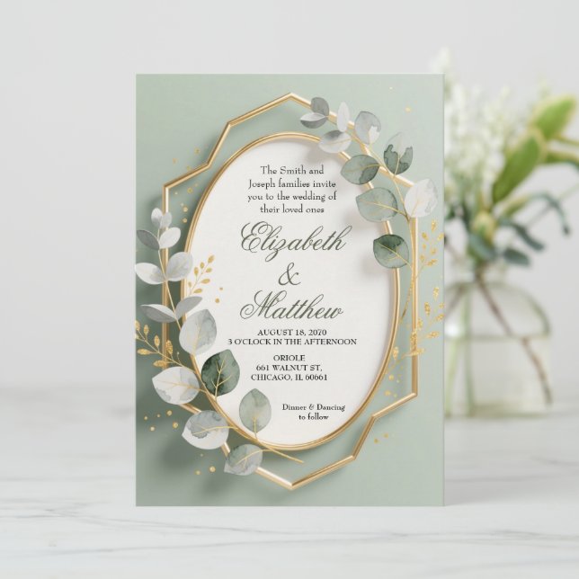 Eucalyptus Gold Geometric Frame Wedding Invite (Standing Front)