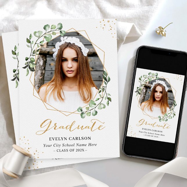 Eucalyptus Gold Geometric Photo Graduation Party Invitation (Creator Uploaded)