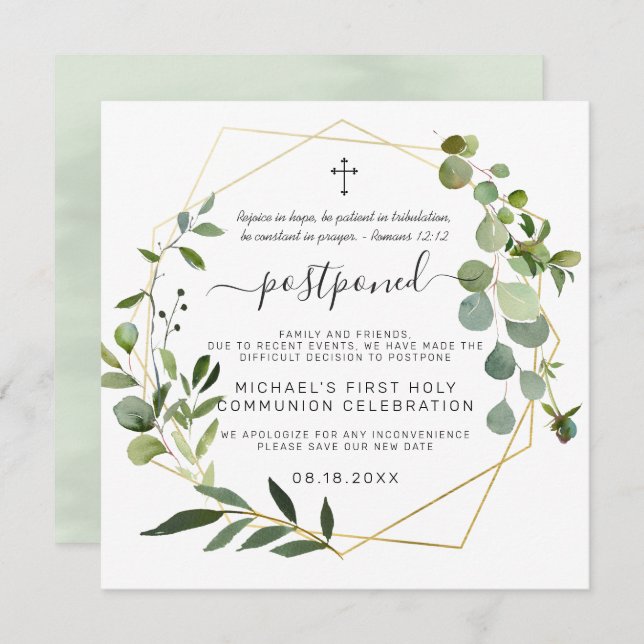 Eucalyptus Gold Geometric | Postponed Communion Invitation (Front/Back)