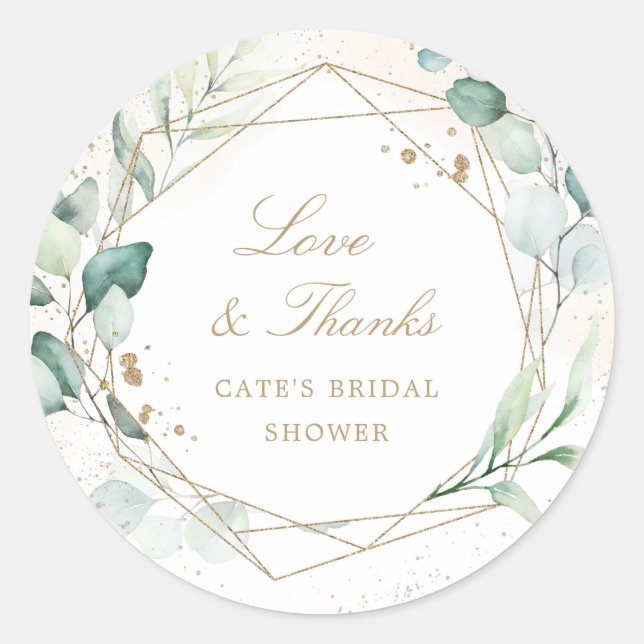 Eucalyptus Gold Geometric Rustic Bridal Shower Classic Round Sticker (Front)