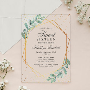 Eucalyptus Gold Geometric Sweet Sixteen Acrylic Invitations