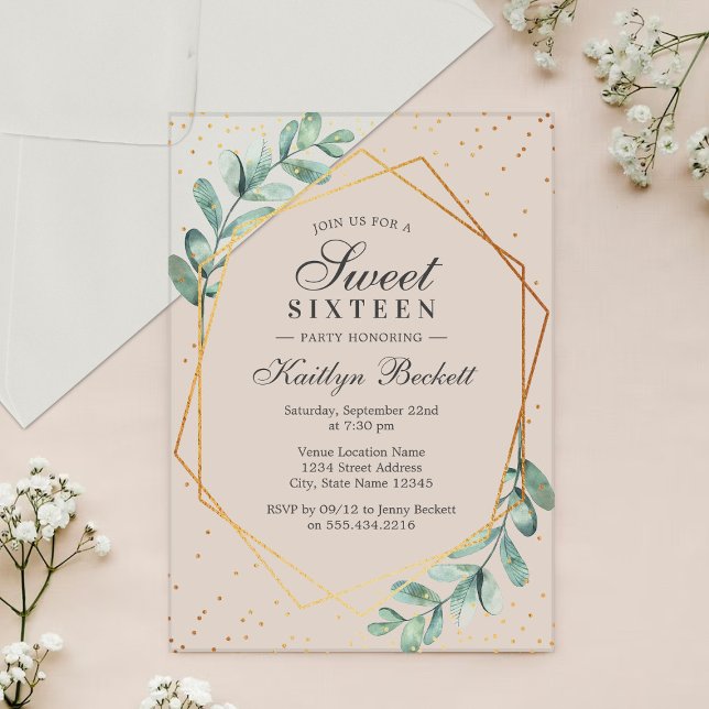 Eucalyptus Gold Geometric Sweet Sixteen Acrylic Invitations (Creator Uploaded)