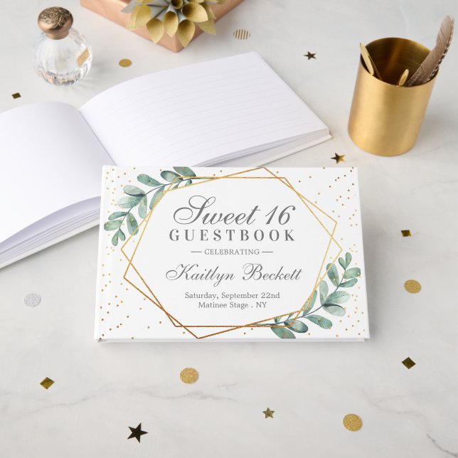 Eucalyptus Gold Geometric Sweet Sixteen Guest Book (Front Open)