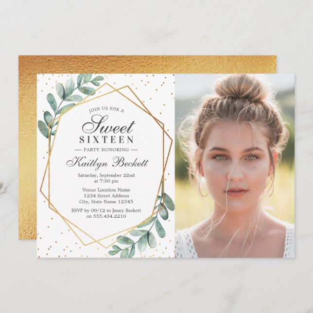 Eucalyptus Gold Geometric Sweet Sixteen Photo Invitation (Front/Back)