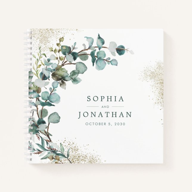 Eucalyptus Gold Glitter Botanical Wedding Notebook (Front)