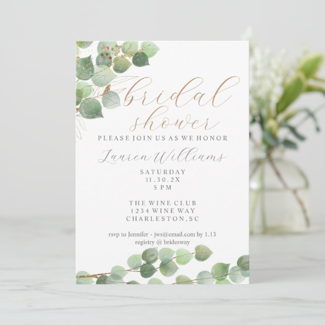 Eucalyptus Gold Glitter Bridal Shower Invitation (Standing Front)