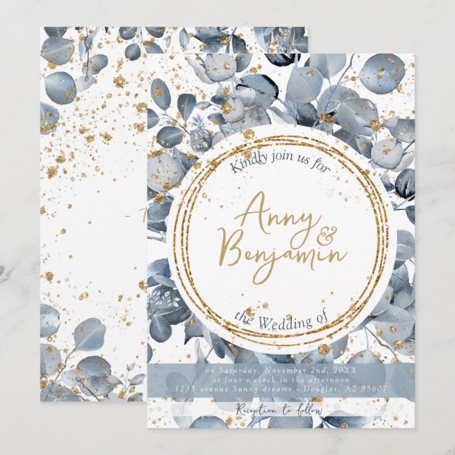 Eucalyptus Gold Glitter - Dusty Blue Invitation 1 (Front/Back)