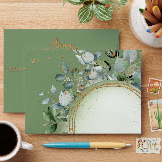 Eucalyptus Gold Glitter green envelope 1 (Desk)