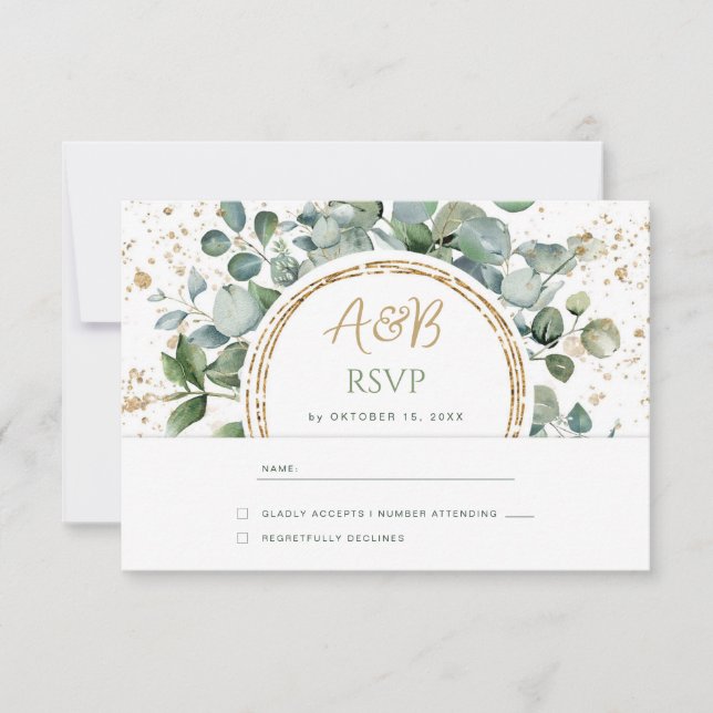 Eucalyptus Gold Glitter - Green Wedding RSVP 1 Card (Front)