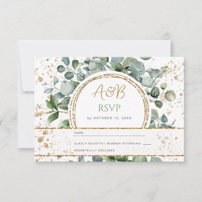 Eucalyptus Gold Glitter - Green Wedding RSVP 2 Card (Front)