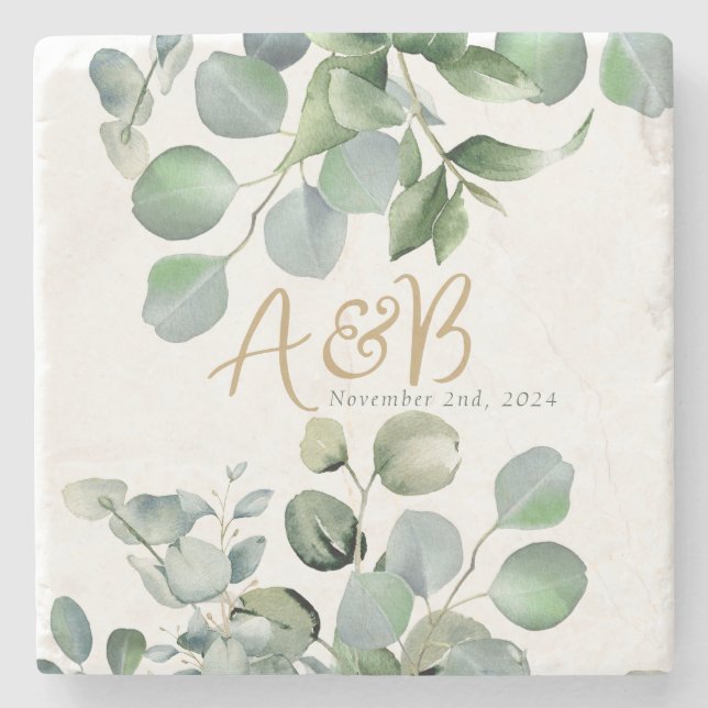 Eucalyptus Gold Glitter - Green Wedding Stone Coaster (Front)