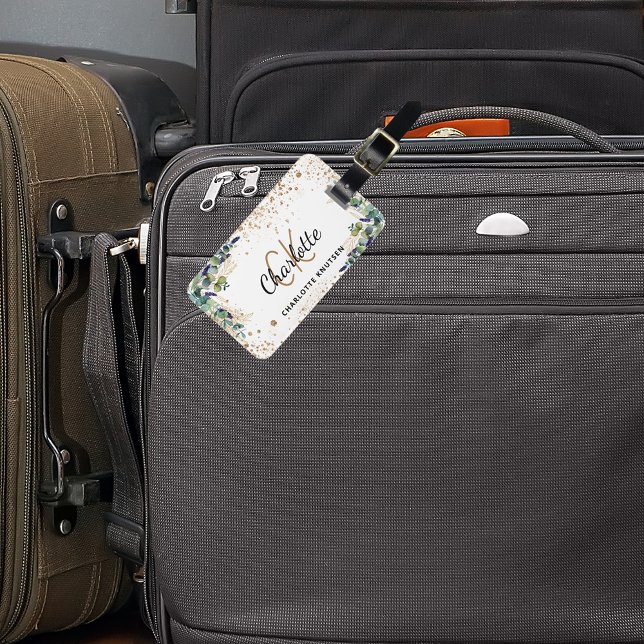 Eucalyptus gold glitter monogram name luggage tag (Creator Uploaded)