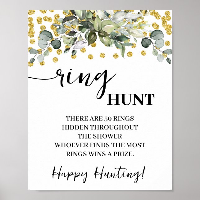 Eucalyptus Gold Glitter Ring Hunt Shower Game Sign (Front)