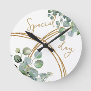 Eucalyptus gold glitter round clock