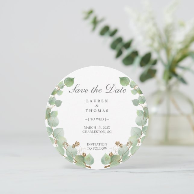 Eucalyptus Gold Glitter Save The Date (Standing Front)