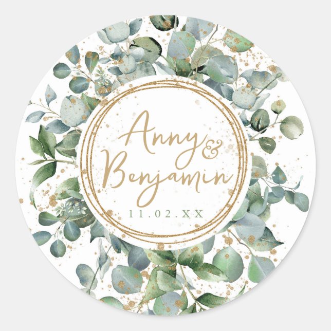 Eucalyptus gold glitter wedding  classic round sticker (Front)